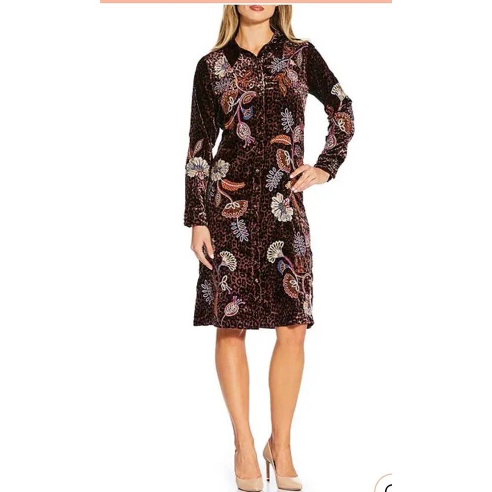 Johnny Was Gineva Embroidered Floral Velvet Shirt Dress Blackberry Sz M ~$398